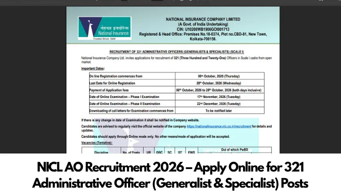 NICL AO Recruitment 2026 – Apply Online for 321 Administrative Officer (Generalist & Specialist) Posts